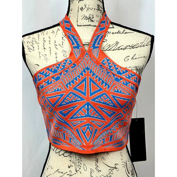 BCBGMaxAzria Katiya Crop Top in an Orange/Blue Geometric Print L - Picture 1 of 10